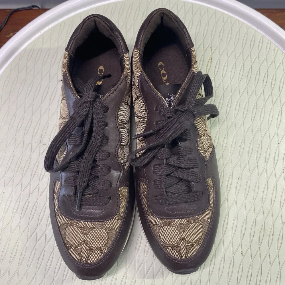 COACH‎ Farah Womens Casual Leather Shoes Nappa Sig C brown Khaki US Sz.6B EUC
